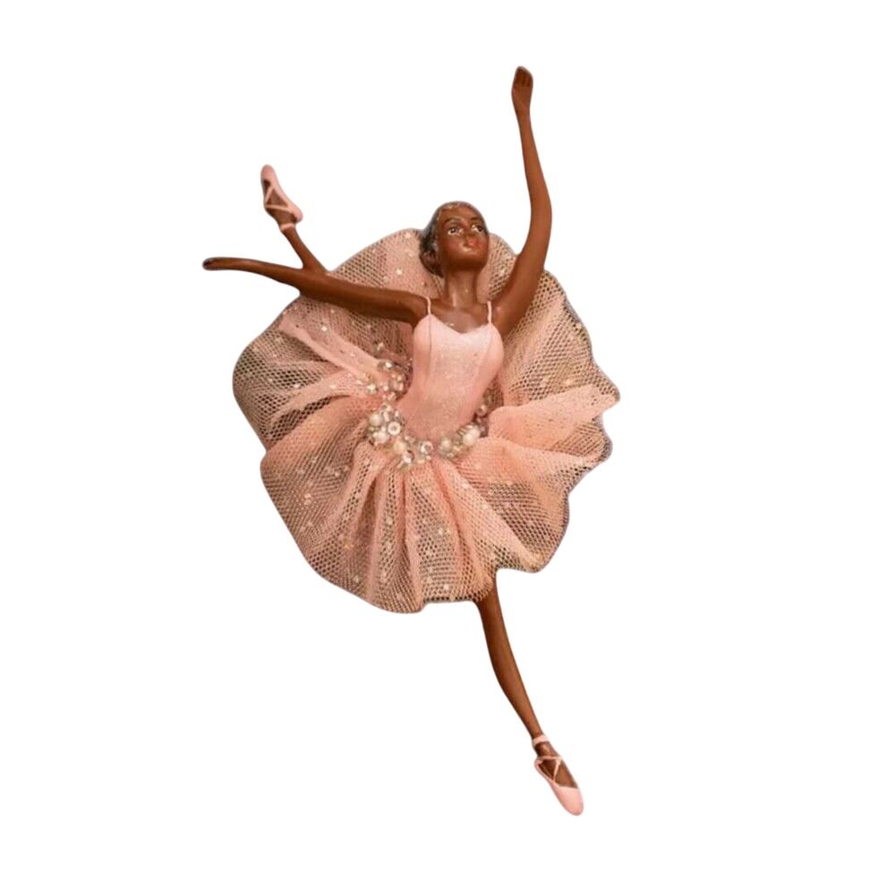 Ballerina Pink Romantic Tutu Dark Brown Skin Christmas Ornament Embellished Bead